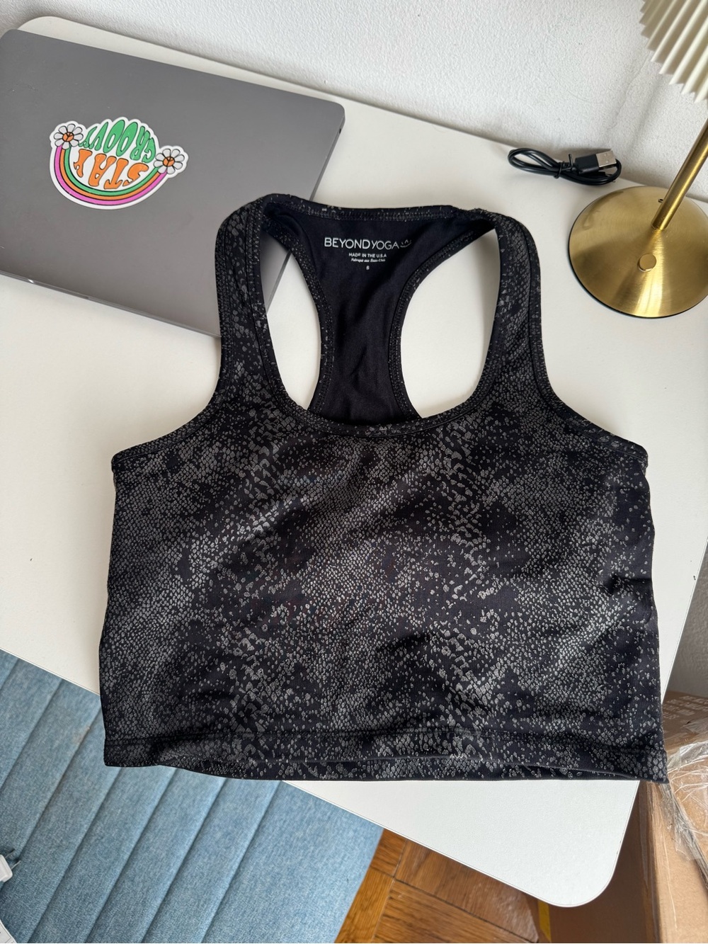 Beyond Yoga Black Snake-Print Racerback Crop Sports Bra